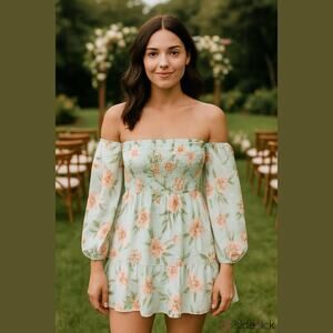 Leighton Womens Pale Green Floral Boho Mini Dress W/ Sheer Sleeves, Size Small